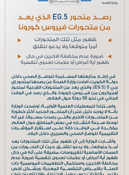 الكويت.. وزارة الصحة تعلن رصدها متحور كورونا الجديد EG.5 في البلاد